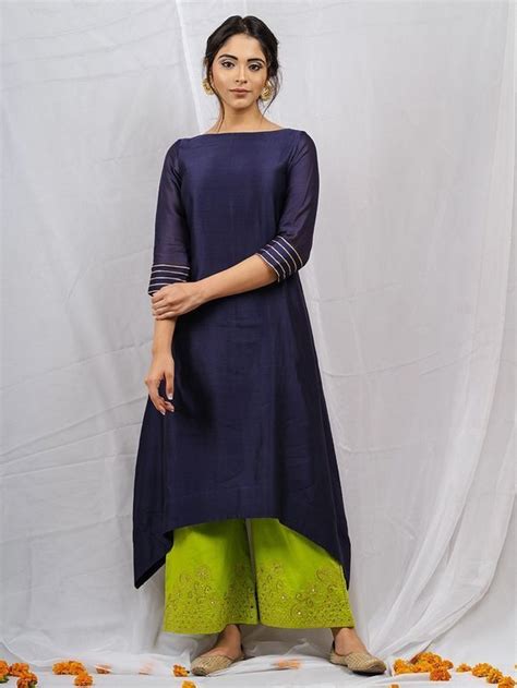 Buy Navy Blue Hand Embroidered Chanderi Silk Anarkali Kurta With Green