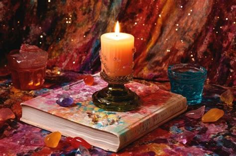 Premium Ai Image A Lit Candle Sits On A Book Next To A Glass Of Gems