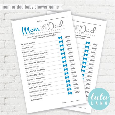 If you are in need of a super simple game to play at a baby shower this is the one for you! Printable Mom or Dad Custom Baby Shower Trivia Game Blue
