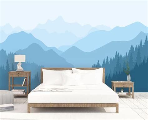 Ombre Blue Mountain And Pine Tree Wallpaper Removable Wall Paper Light