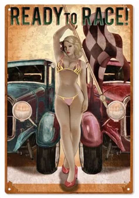 Ready To Race Hot Rod Pin Up Metal Sign Pin Ups For Vets Store