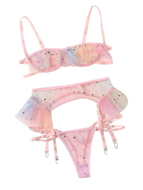 Buy Sexy Underwire Colorful Kawaii Cute Sheer Garter Belt Lingerie Set
