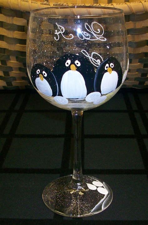 Hand Painted Penguin Trio Wine Glass Etsy Painted Wine Glasses Christmas Painted Wine