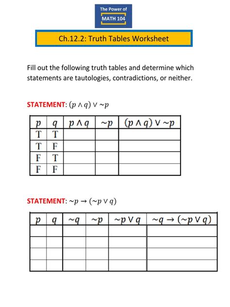 Section 122 Truth Tables Worksheet Pdf