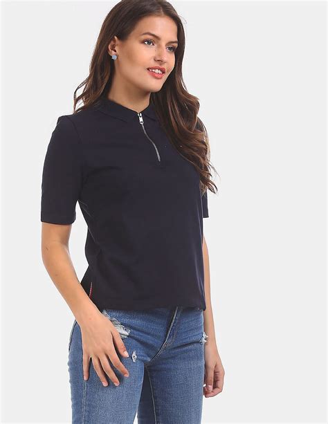 Buy Tommy Hilfiger Women Navy Zipper Placket Solid Polo Shirt