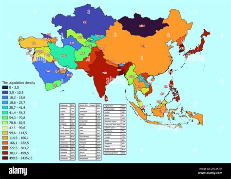 Asia Map With Countries Classified By Population Density Stock Photo