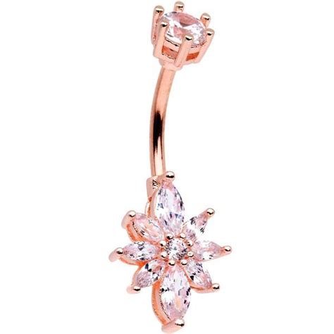 Clear Gem Rose Gold Tone Plated Flower Double Mount Belly Ring Belly
