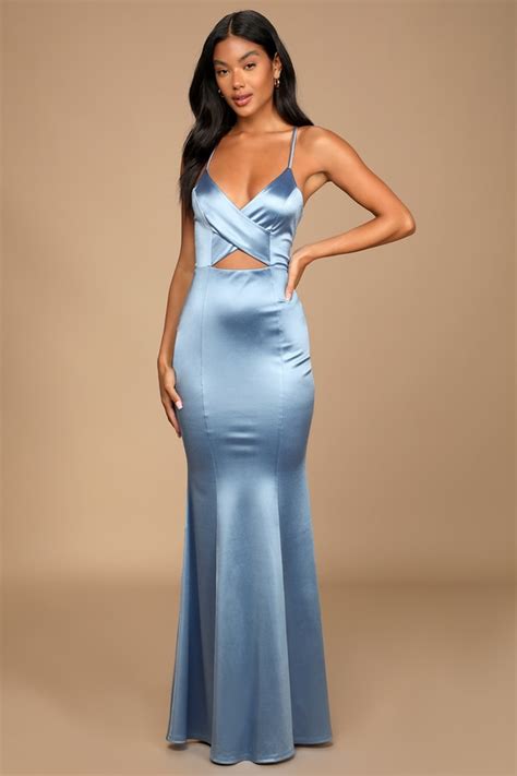 Light Blue Maxi Dress Satin Maxi Gown Strappy Backless Dress Lulus