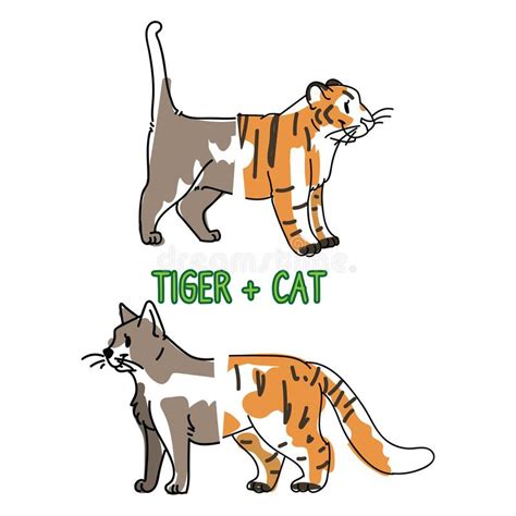 Childish Tiger And Pet Cat Animal Splice Vector Illustration Hand