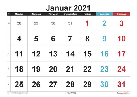 Hälfte mit kalenderwochen und feiertagen. Kalender Januar 2021 zum Ausdrucken Kostenlos - Kalender ...