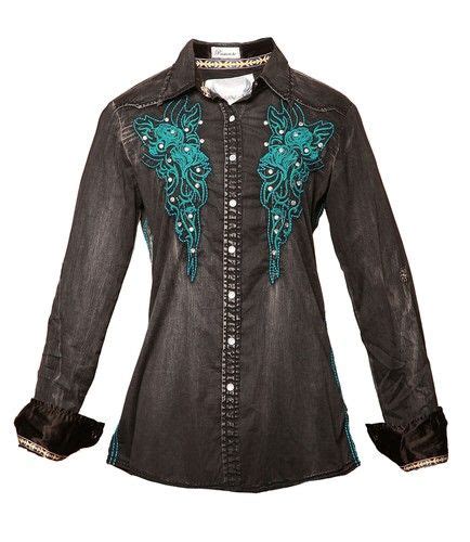 Roar Women S Button Front Long Sleeve Embroidered Shirt Black Ebay