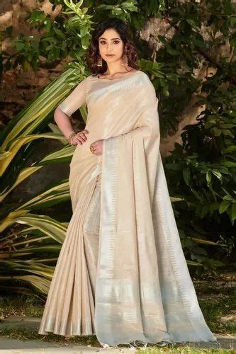 Pure Tissue Linen Saree With Silver Zari Weaves Temple Border And Pallu With Running Blouse