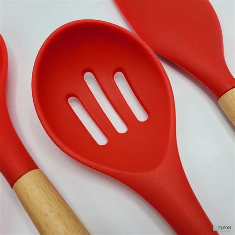 9 Piece Red Colored Silicone Kitchen Utensils Set With Wooden Handles