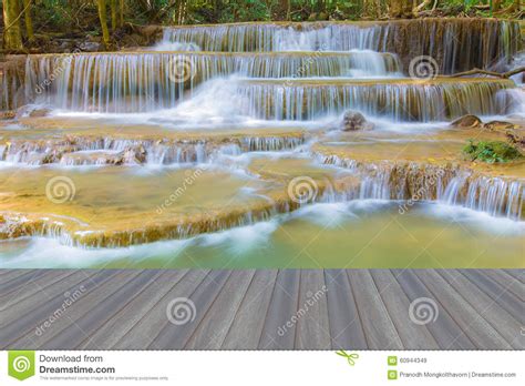Opening Wooden Floor Close Up Beautiful Blue Stream Water Falls Stock