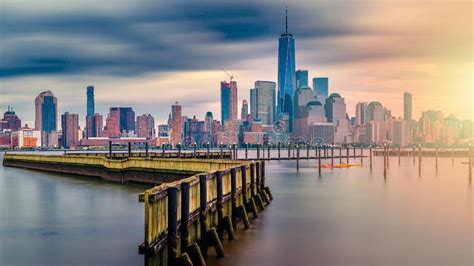 Amazing View Lower Manhattan Financial District With Sunset New York