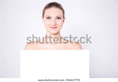 Nude Woman Hiding Behind Blank Whiteboard Foto Stok 436627795
