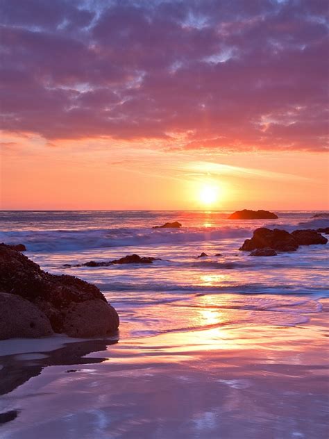 768x1024 Ocean Rocks Beach Pink Sunset Ipad Wallpaper