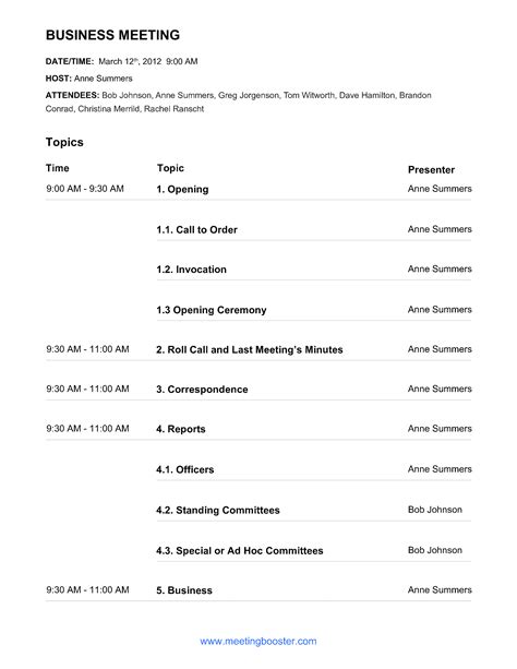 Business Meeting Agenda Example Templates At