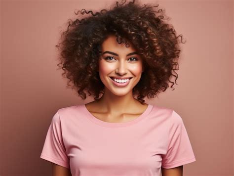 premium ai image a woman with curly hair wearing a pink shirt with the words quot natural quot