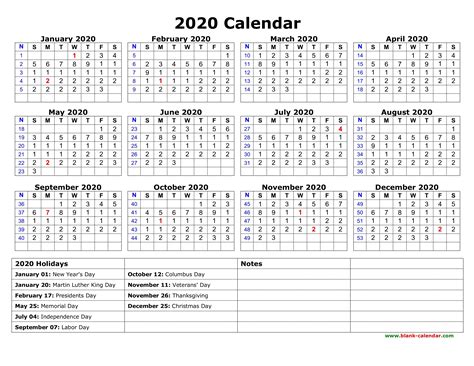 Printable 2020 Yearly Calendar With Holidays Free Download Printable