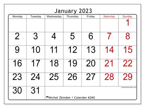 January 2023 Printable Calendar 62ms Michel Zbinden Au