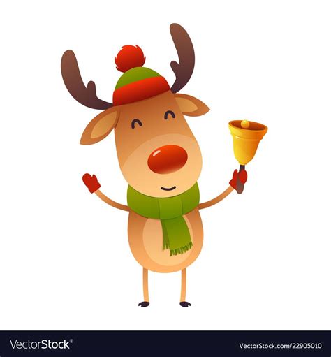 Cute Cartoon Christmas Reindeer Holds Bell Happy Vector Image Merry