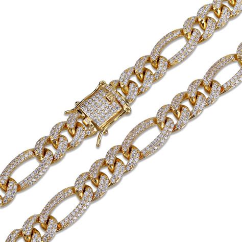Iced Out Figaro Chain Yellow Gold Bijouterie Gonin