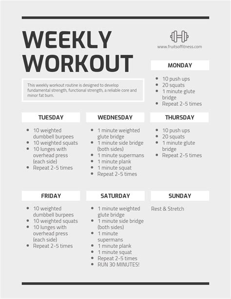 Days Workout Plan Print At Home Weekly Workout Plan Us Letter