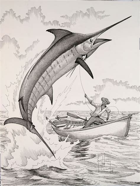 A Drawing Of A Man In A Boat With A Marlin