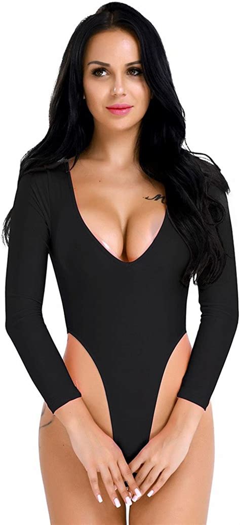 Iiniim Women One Piece Long Sleeve V Neck Bodysuit High Cut Thong Leotard Jumpsuit Underwear