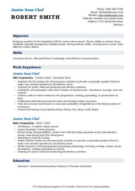 Junior Sous Chef Resume Samples Qwikresume