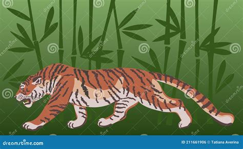 Tiger Walking In The Jungle Bamboo Forest Green Background Stock