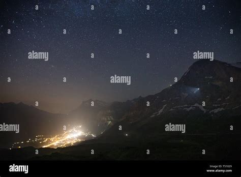 Starry Sky Night Landscape Grindelwald Valley Eiger Mountain Peak