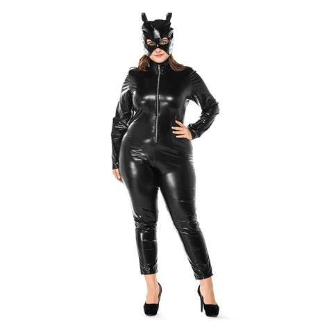 plus size halloween catwoman costume black faux leather catsuit front zipper stretch jumpsuit