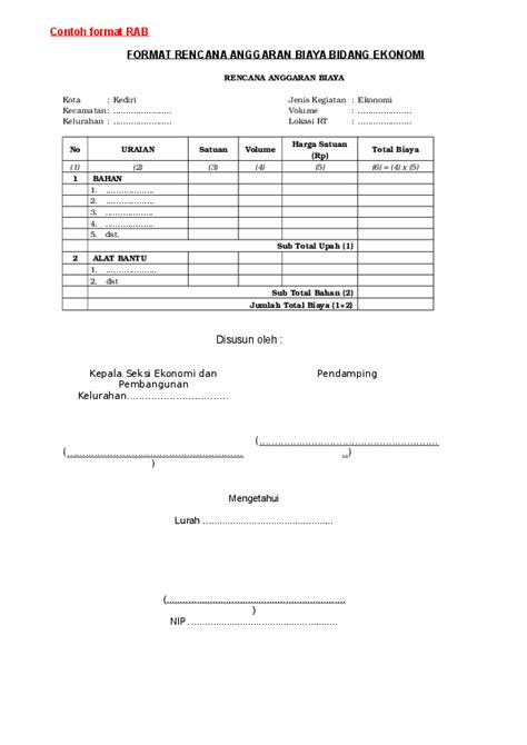Rencana anggaran biaya (rab) merupakan dokumen wajib untuk mengajukan fasilitas kredit renovasi, kredit konstruksi dan kredit tanah. (DOC) Contoh format RAB FORMAT RENCANA ANGGARAN BIAYA ...