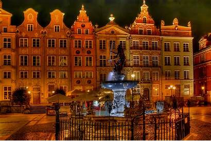 Gdansk Poland Fountains Buildings Night Cities Houses
