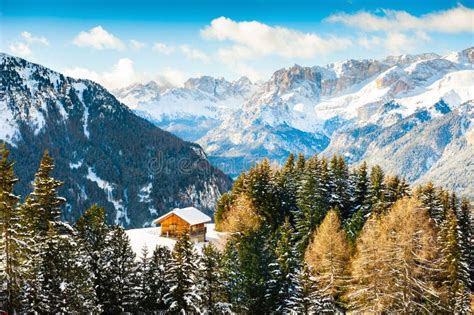 Wooden House In The Winter Mountains Dolomite Alps Italy Stock Image