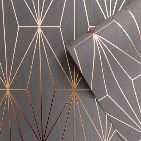 Muriva Kayla Metallic Geometric Triangles Wallpaper Charcoal And Rose