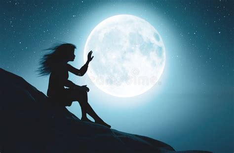 Alone Girl Touching The Moon In Starry Night Stock Illustration