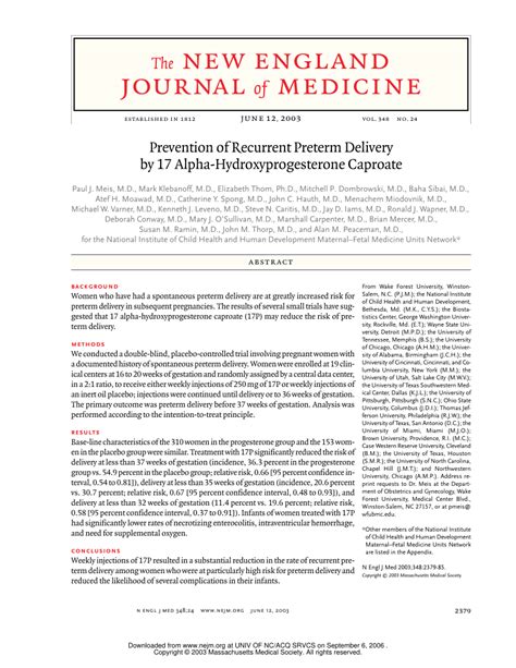 pdf prevention of recurrent preterm delivery by 17 alpha hydroxyprogesterone caproate