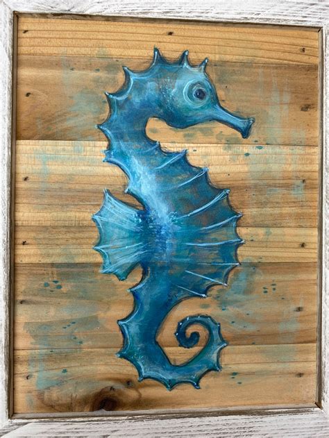 Painted Seahorse On Reclaimed Wood Wooden Wall Art Coastal Etsy