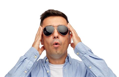 Face Of Scared Man In Shirt And Sunglasses Stock Photo Image Of