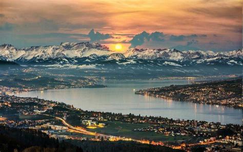 Nature Landscape Panoramas Lake Zurich Switzerland Cityscape