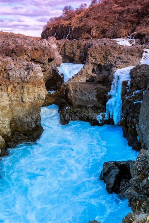 Waterfall Barnafoss In Iceland Light Blue Water Flowing From The