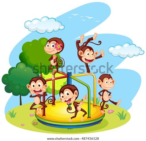 Five Monkeys Playing On Roundabout Illustration Stock Vector Royalty