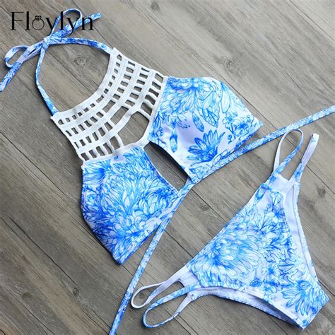 Floylyn High Neck Push Up Sexy Bikini Brazilian Swimsuit Floral Printing Hollow Out Bathing Suit