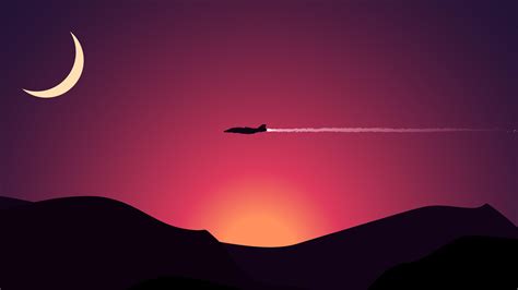 Minimalism Plane Flying Above Mountains Moon Hd Artist 4k Wallpapers