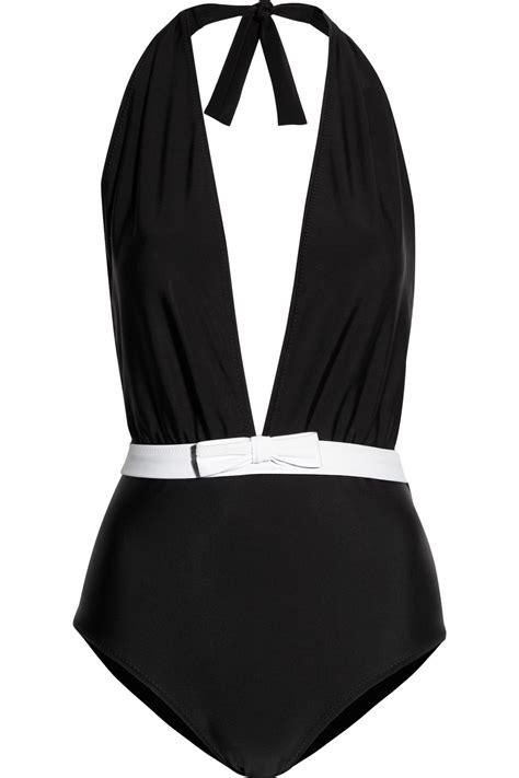 Miu Miu Bow Embellished Halterneck Swimsuit In Black Lyst