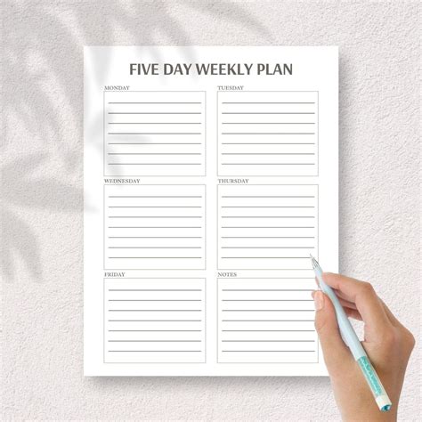 Five Day Weekly Planner Printable To Do List Weekly Schedule Etsy