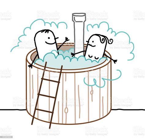 Cartoon Couple Relaxing In An Outdoor Hot Tub Stock Illustration